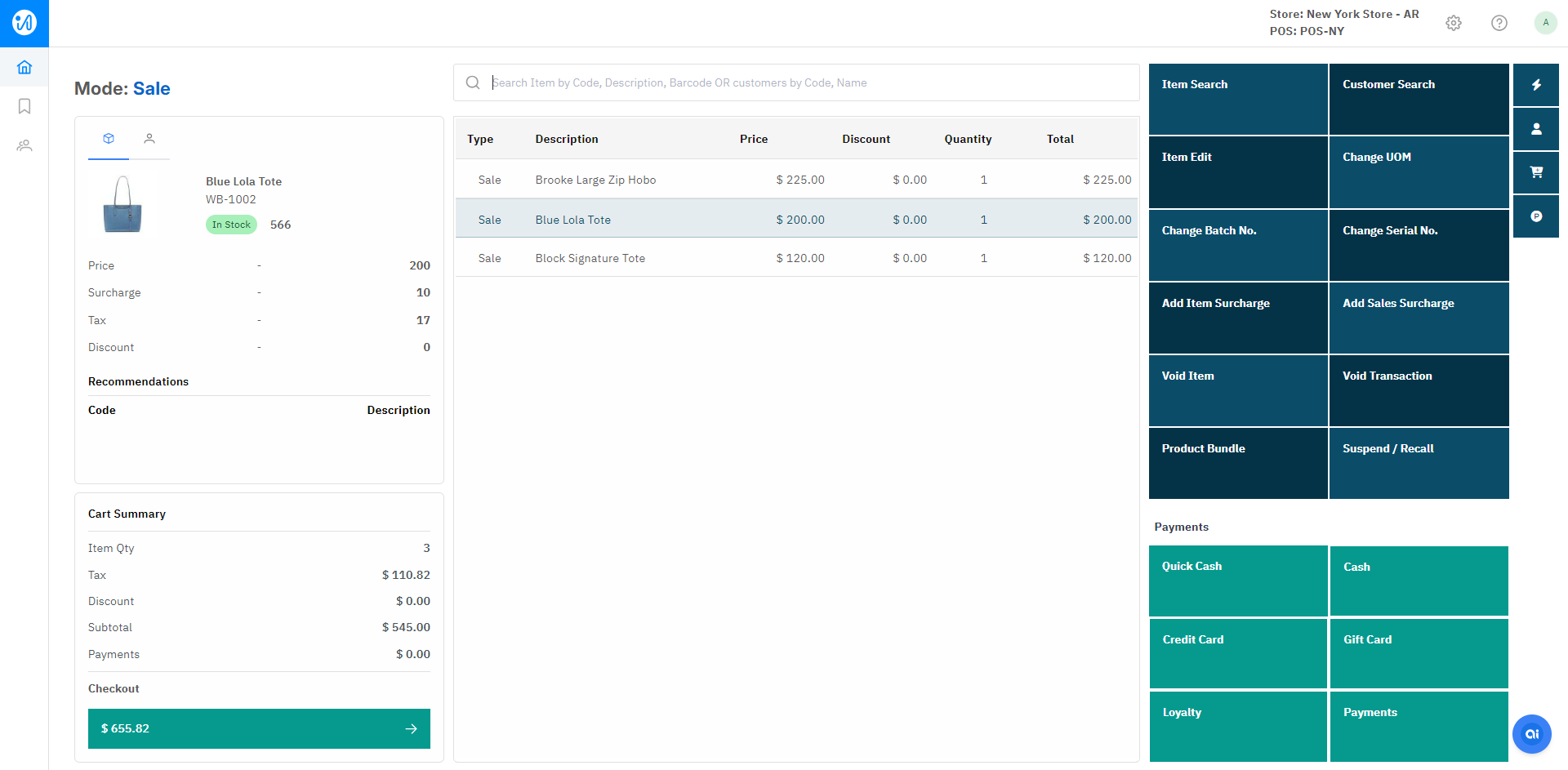 POS Sale Mode - Items Added and Surcharge Applied